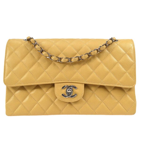 CHANEL 1997-1999 Classic Double Flap Medium SHW Beige Caviar