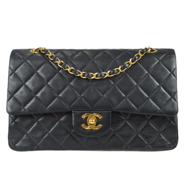 Chanel 1989-1991 Classic Double Flap Medium Shoulder Bag Black Lambskin