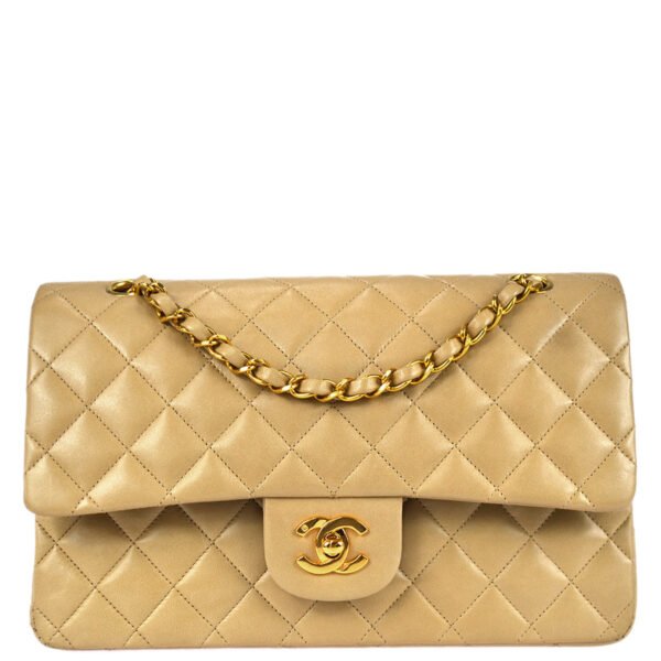 Chanel 1994-1996 Beige Lambskin Medium Classic Double Flap Shoulder Bag